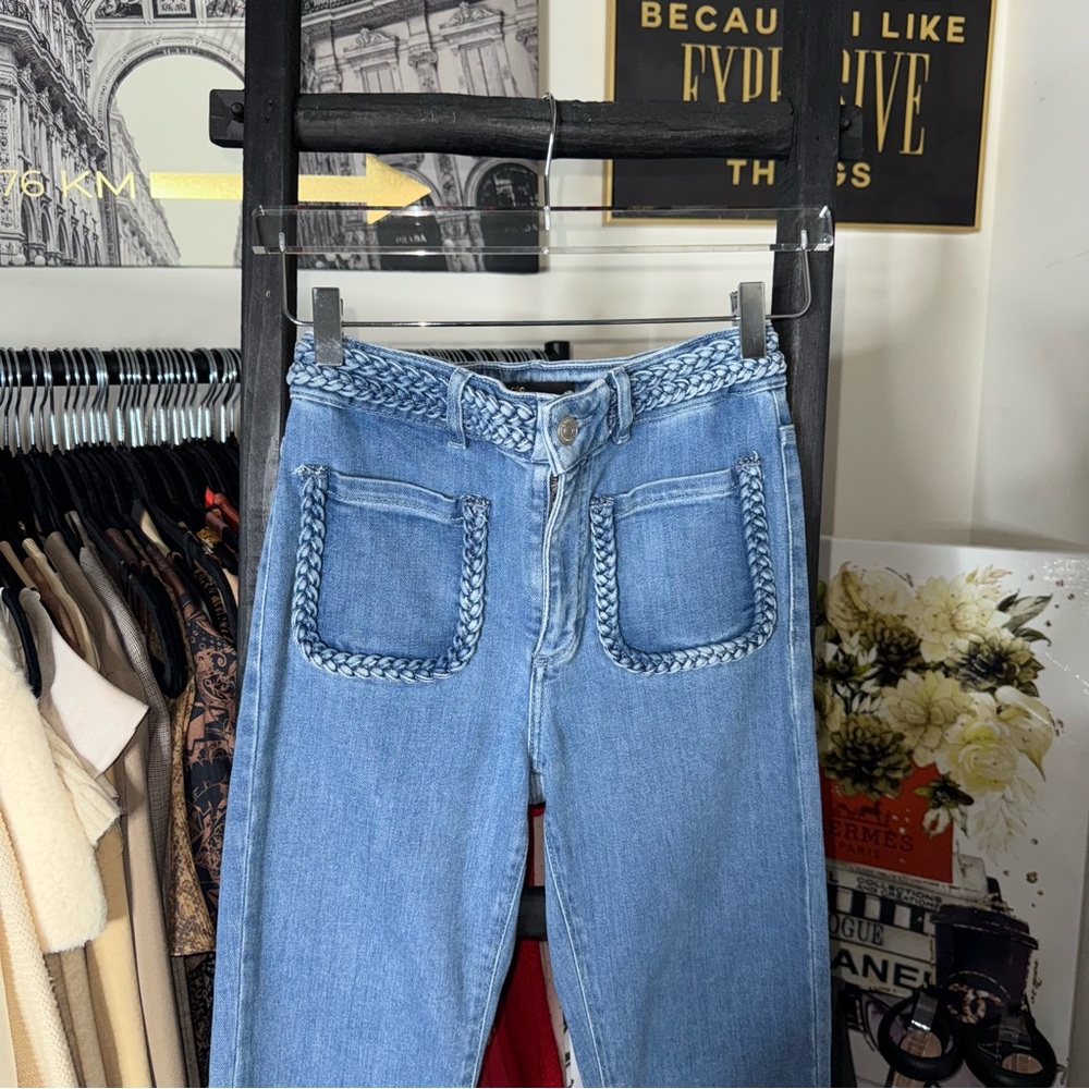 Maje Braided High Rise Bootcut Jeans Light Wash Denim Womens 36 4 EUC $325 - Picture 6 of 14